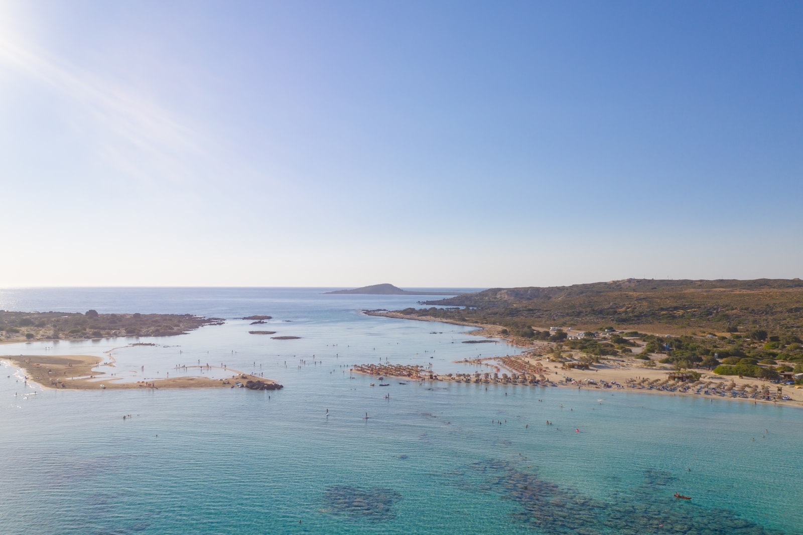 Aerial view of Elafonisi Lagoon and Beach in Greece.