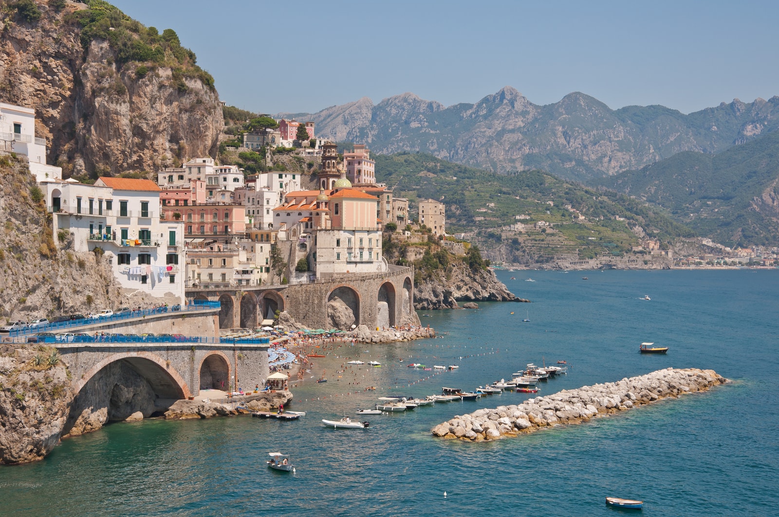 The picturesque village of Atrani with its beachfront and viaduct.