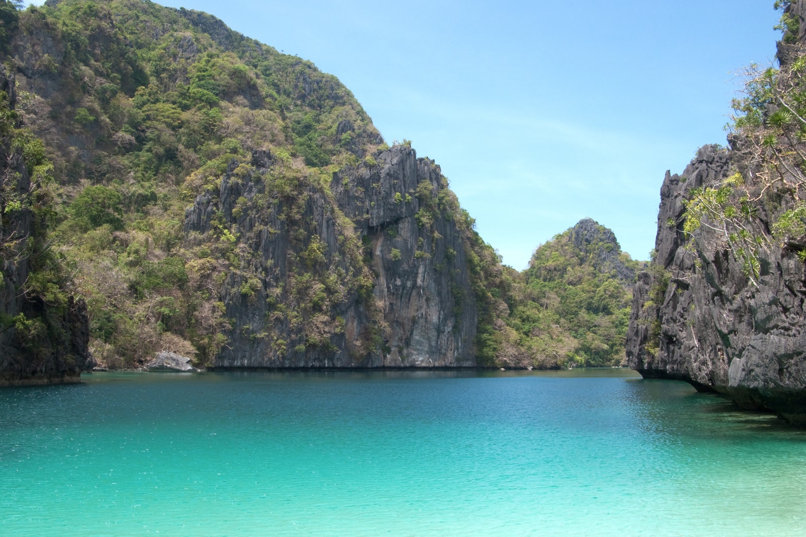 A narrow passage of turquoise water flows between towering, jungle-covered limestone islands in Bacuit Bay.