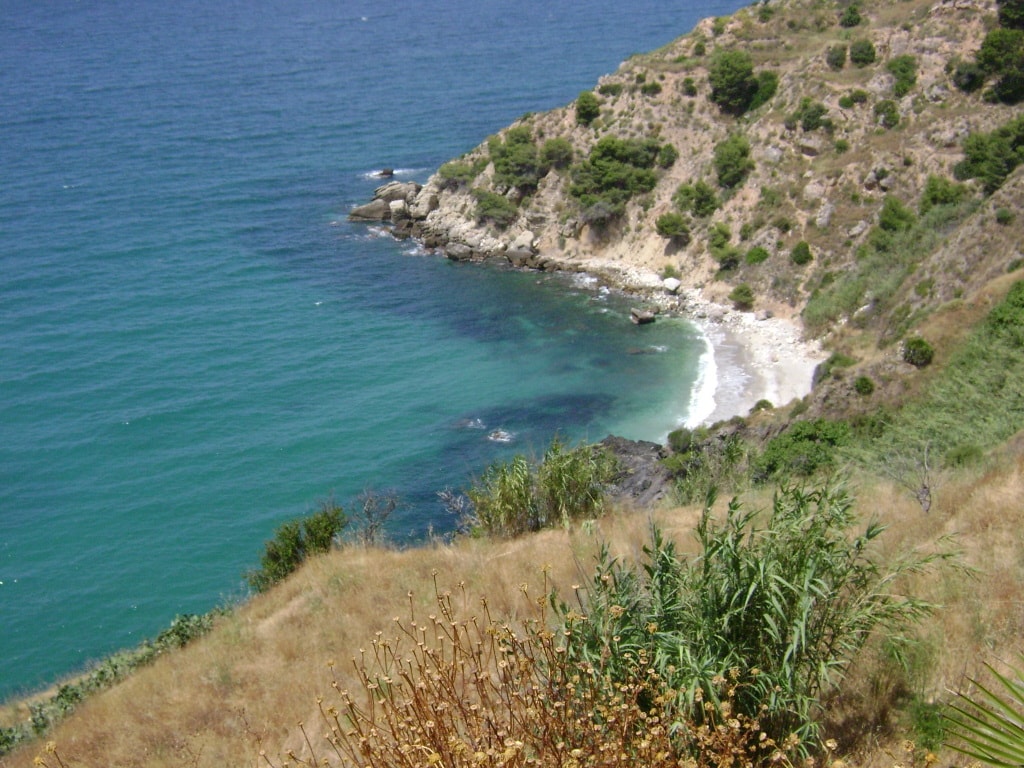 A secluded cove with turquoise water is visible through green vegetation on a cliff, showing a typical wild beach in the Maro area.