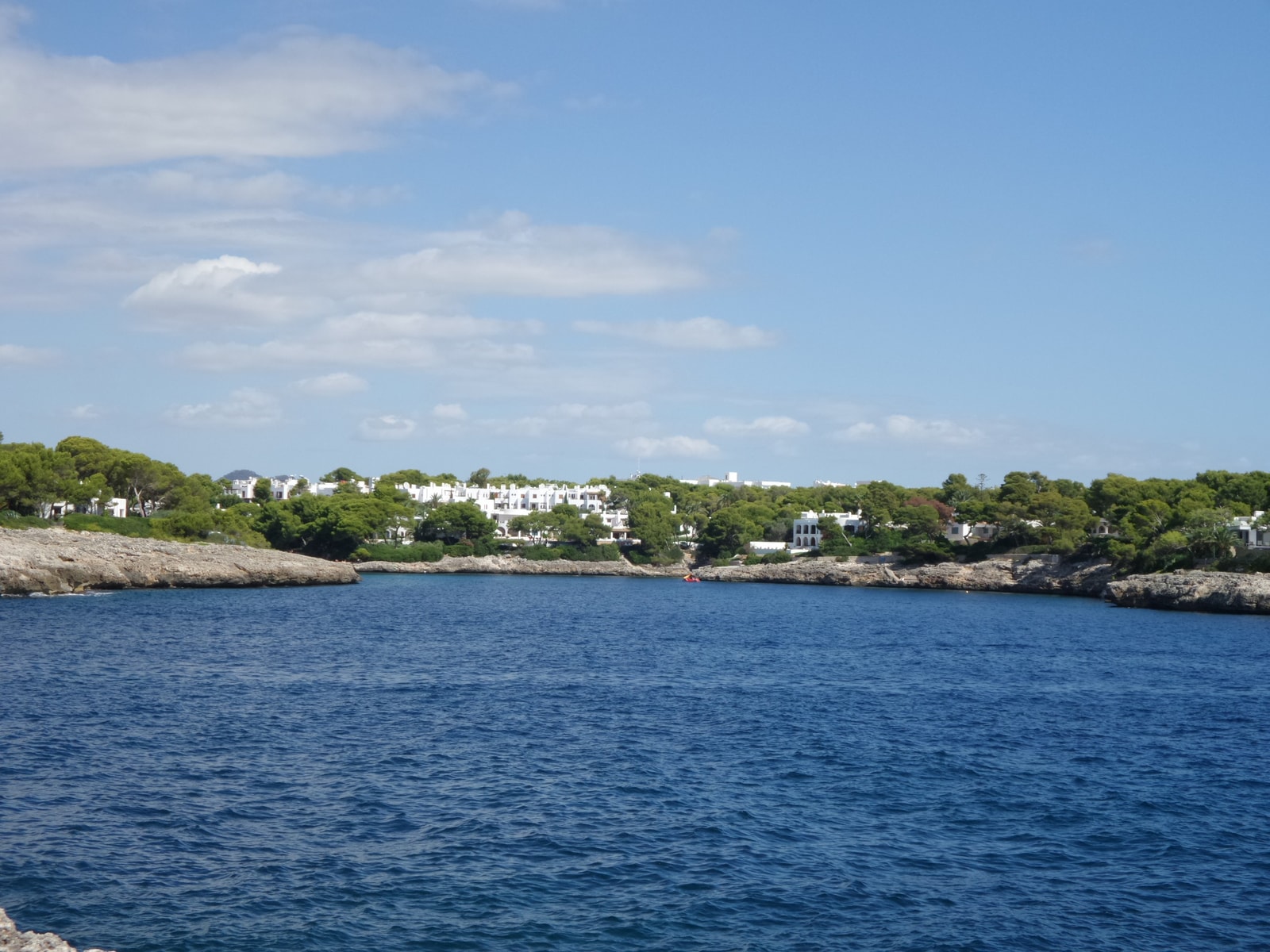 The bay of Cala Gran is pictured with its deep blue water, surrounded by a pine-covered shoreline and white resort buildings.
