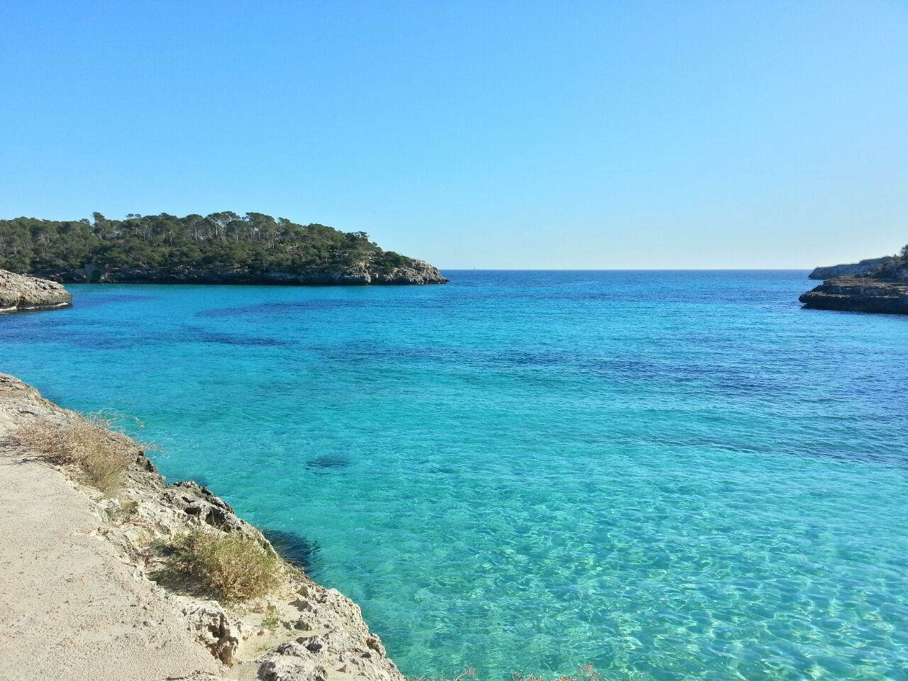 The turquoise water of Cala Mondragó fills a cove surrounded by low, rocky cliffs and green vegetation under a blue sky.
