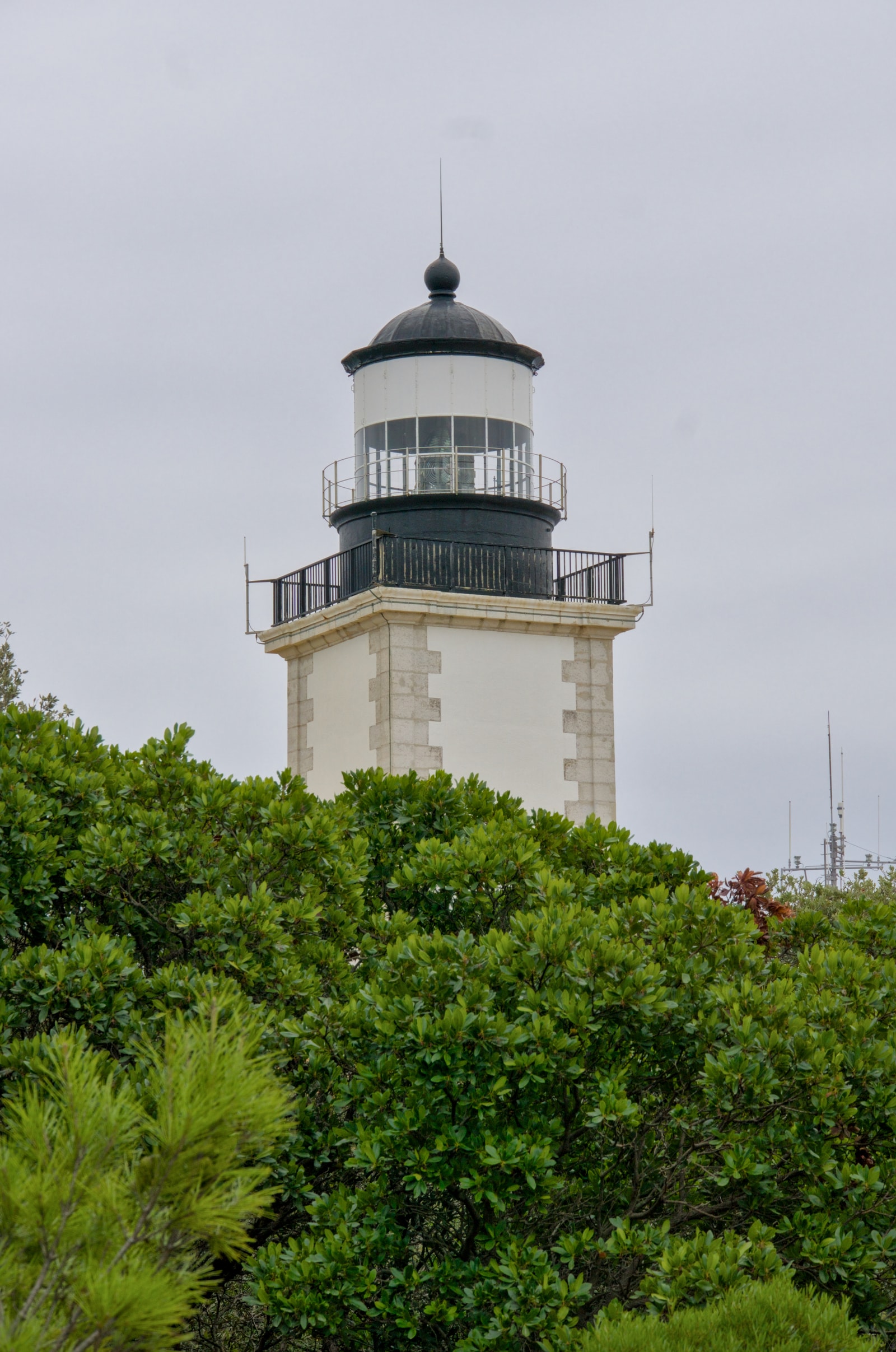 A close-up of the stone masonry tower of the Cap Camarat lighthouse against green foliage.