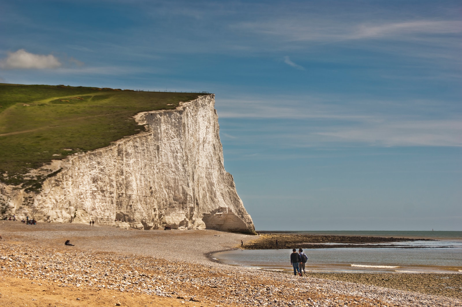 Two hikers stand on the pebble beach at the base of a massive, sheer white chalk cliff.