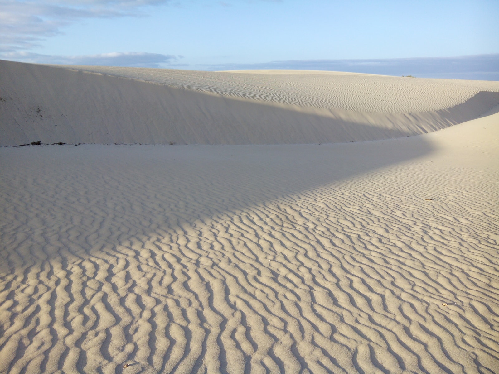 Wind-carved ripple patterns and sharp shadows are seen across the vast sand dunes of Corralejo.