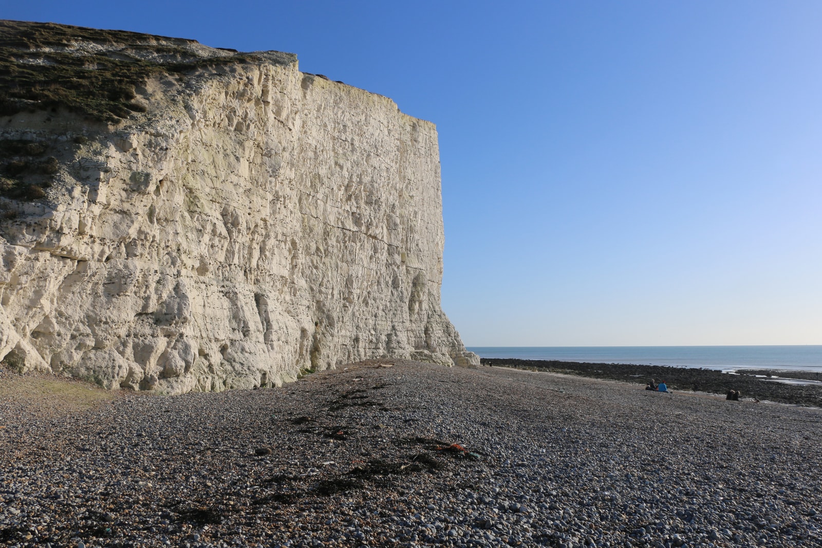 A close-up view of the towering white chalk cliff face at Cuckmere Haven, showing its sheer scale and geological layers.