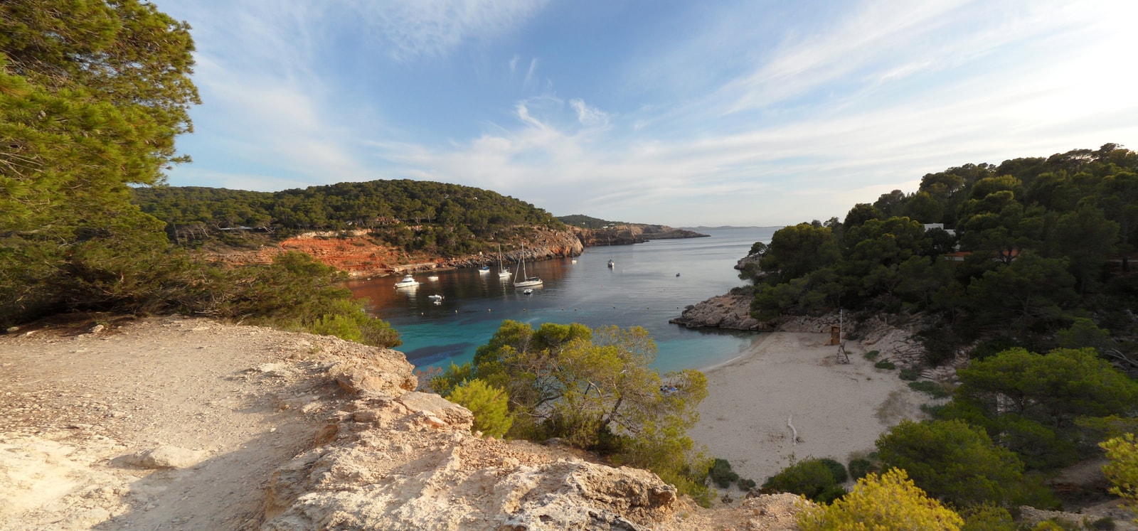 A high-angle panoramic view of the crescent white-sand beach and transparent bay of Cala Saladeta, framed by surrounding cliffs and lush green pine forest.