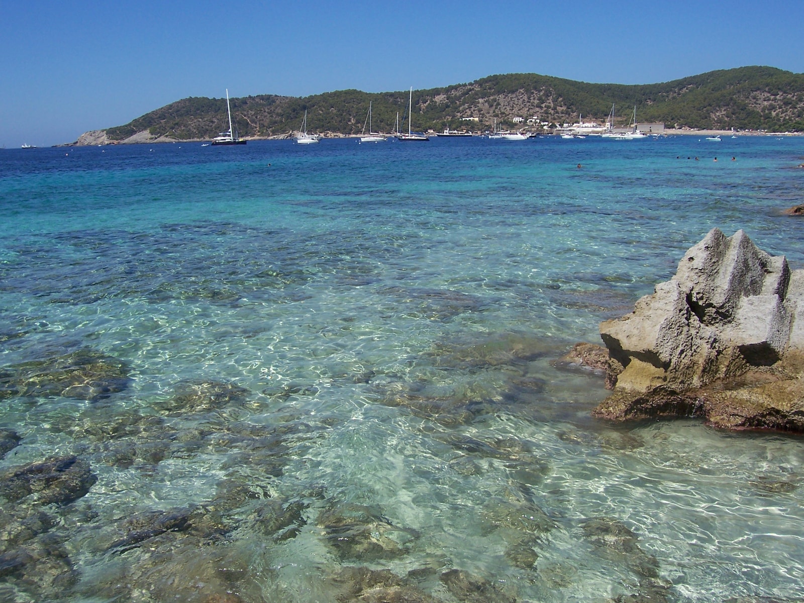 The clear, transparent water at Ses Salines Beach, showcasing the sandy and rocky seabed.