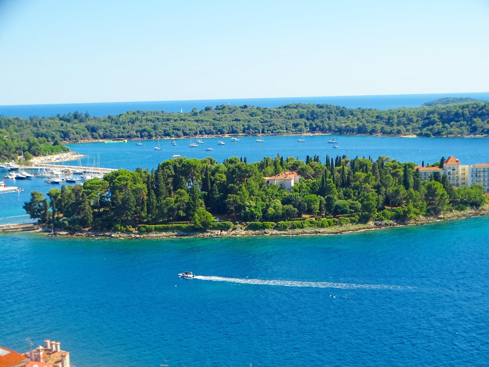 A view of St. Catherine's Island showcasing its lush pine forest, coastal buildings, and boats on the turquoise water.