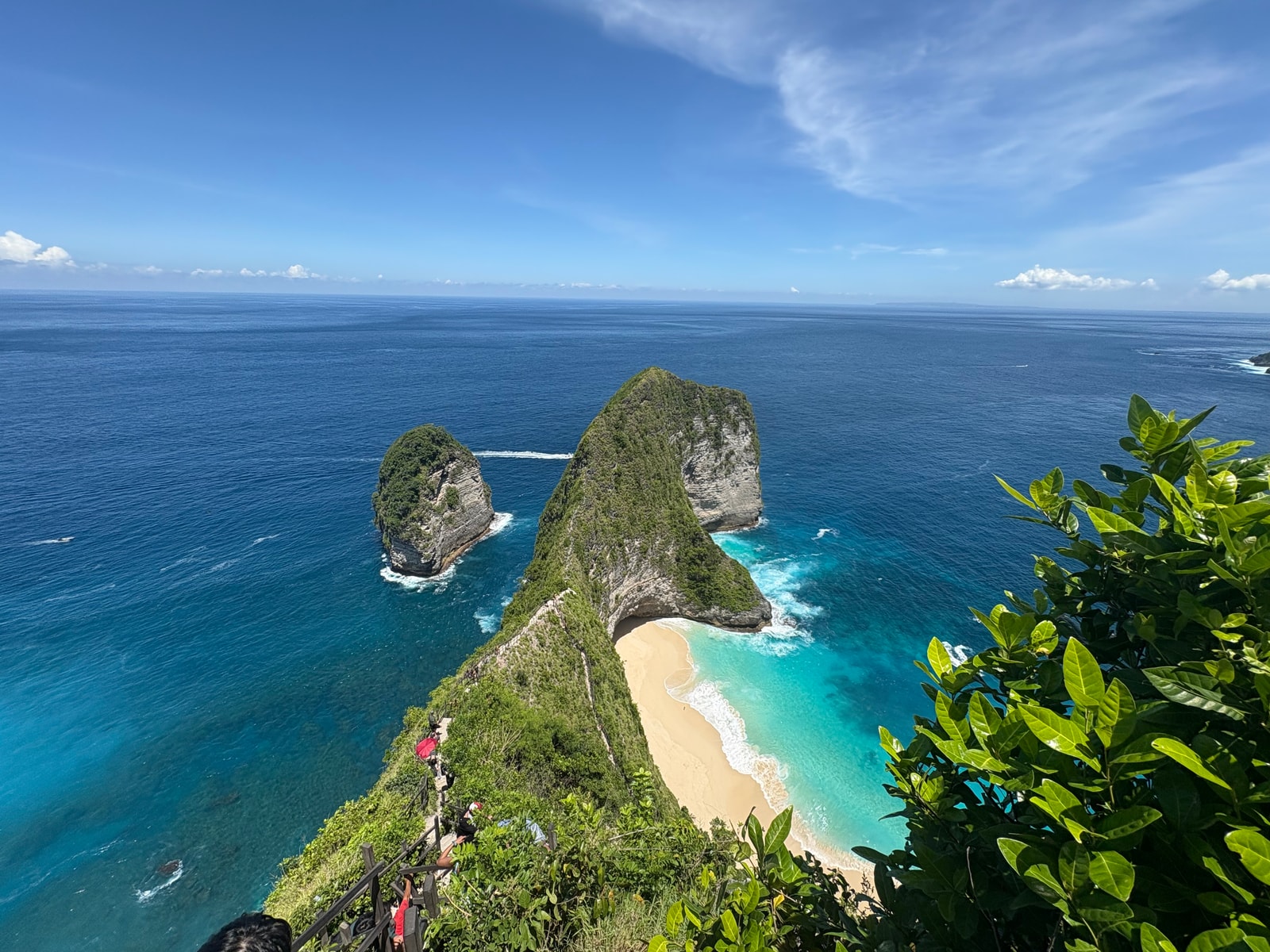 A classic viewpoint shot of Kelingking Beach, showing the green-covered limestone spine curving down to a white sand beach surrounded by turquoise water.