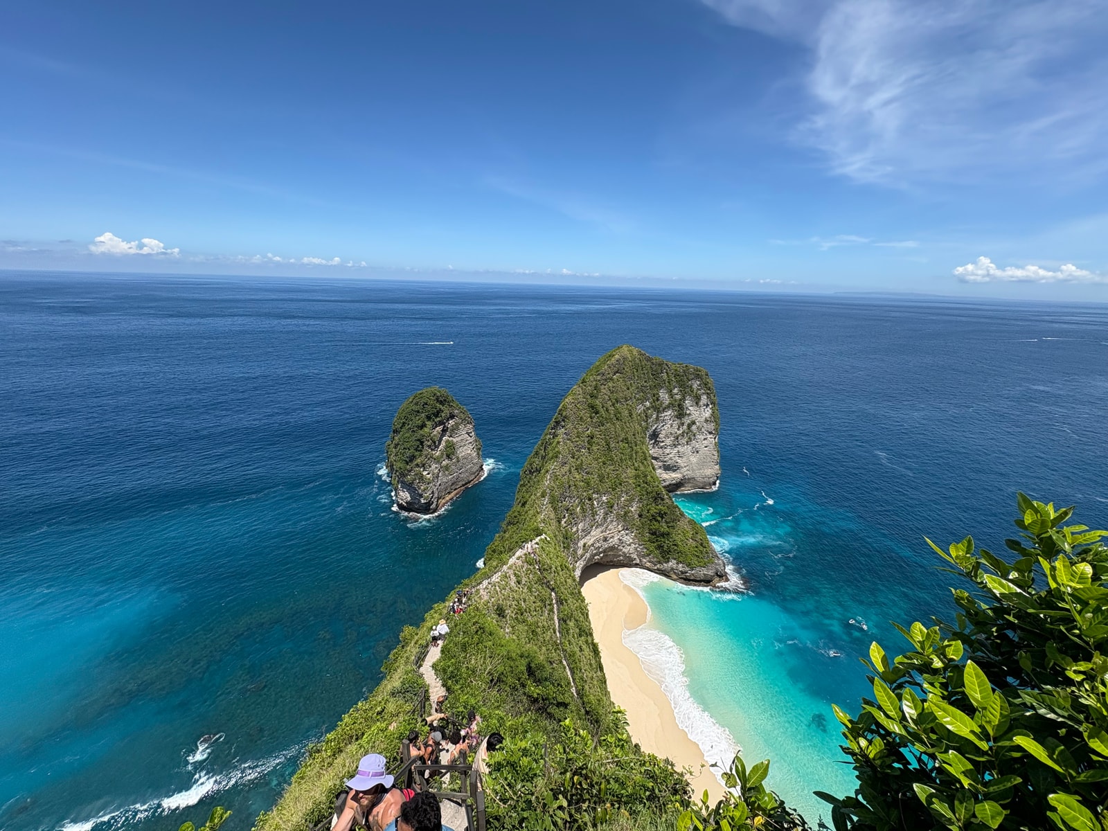 The curved spine of Kelingking cliff, with the turquoise bay, white sand beach, and the visible path down.