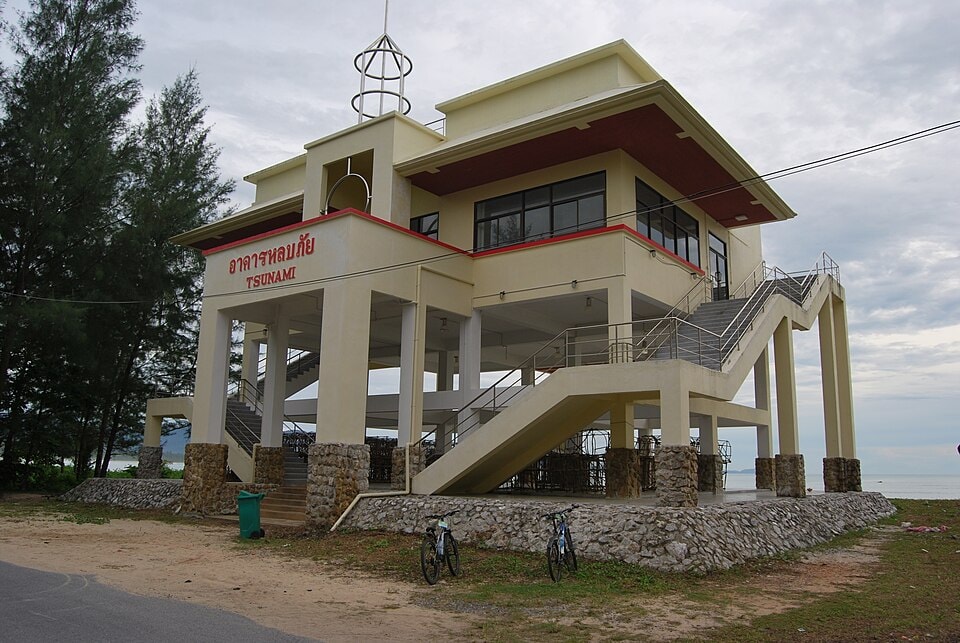 A designated tsunami shelter building near Khao Lak, illustrating local safety infrastructure.