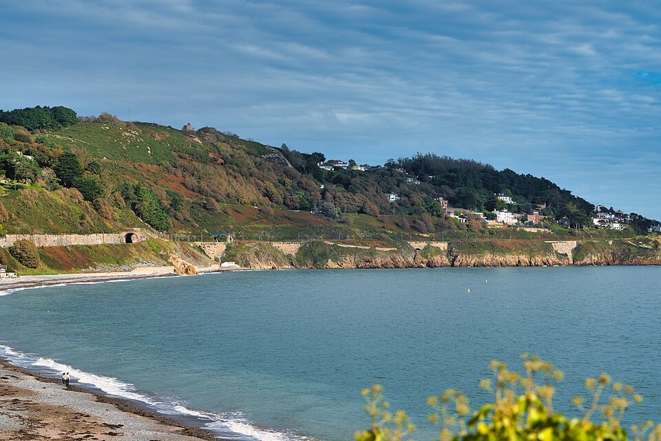 An elevated view of Killiney Bay shows autumn foliage, the beach, and the sea.