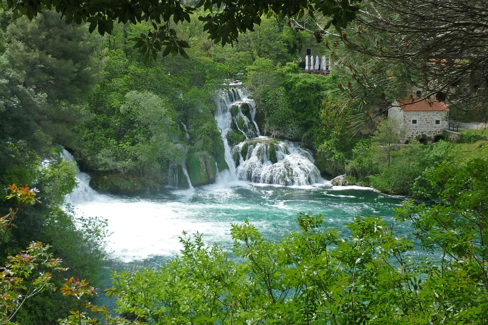 Close-up of the mossy travertine cascades at Krka National Park, showing water flowing over the rocks.