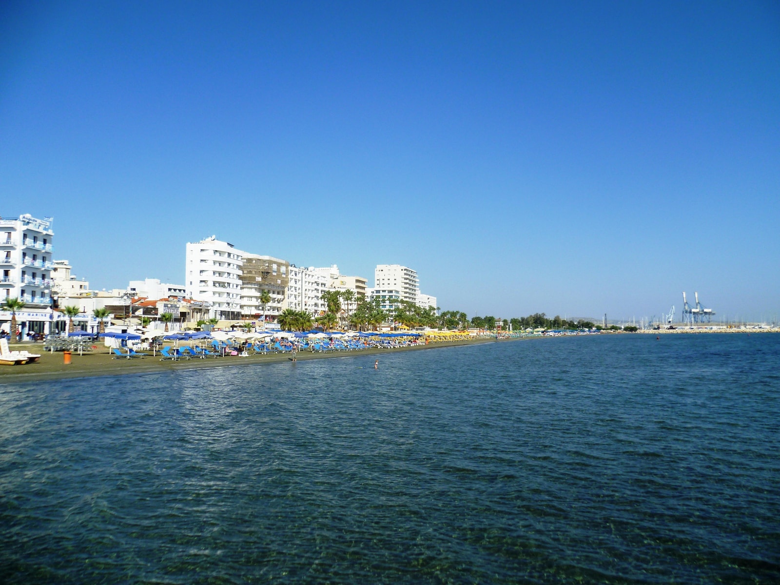 A wide view of Finikoudes beach showing the open water, the long urban beachfront, and the marina.