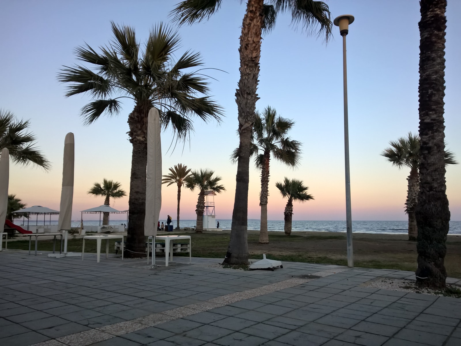 Palm trees and lounge furniture line the Mackenzie Beach promenade under a pastel-coloured evening sky.