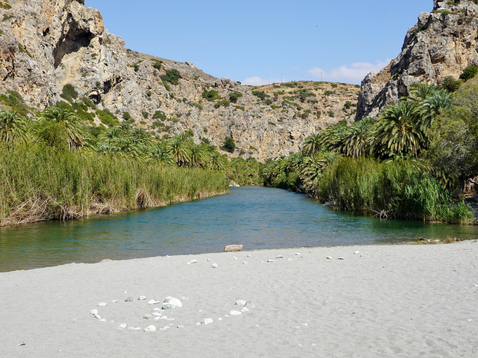 A calm lagoon with palms and reeds is enclosed by pale cliffs