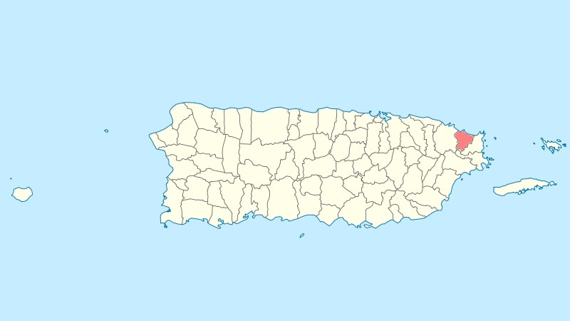 A map of Puerto Rico with the municipality of Luquillo highlighted in red on the northeastern coast.