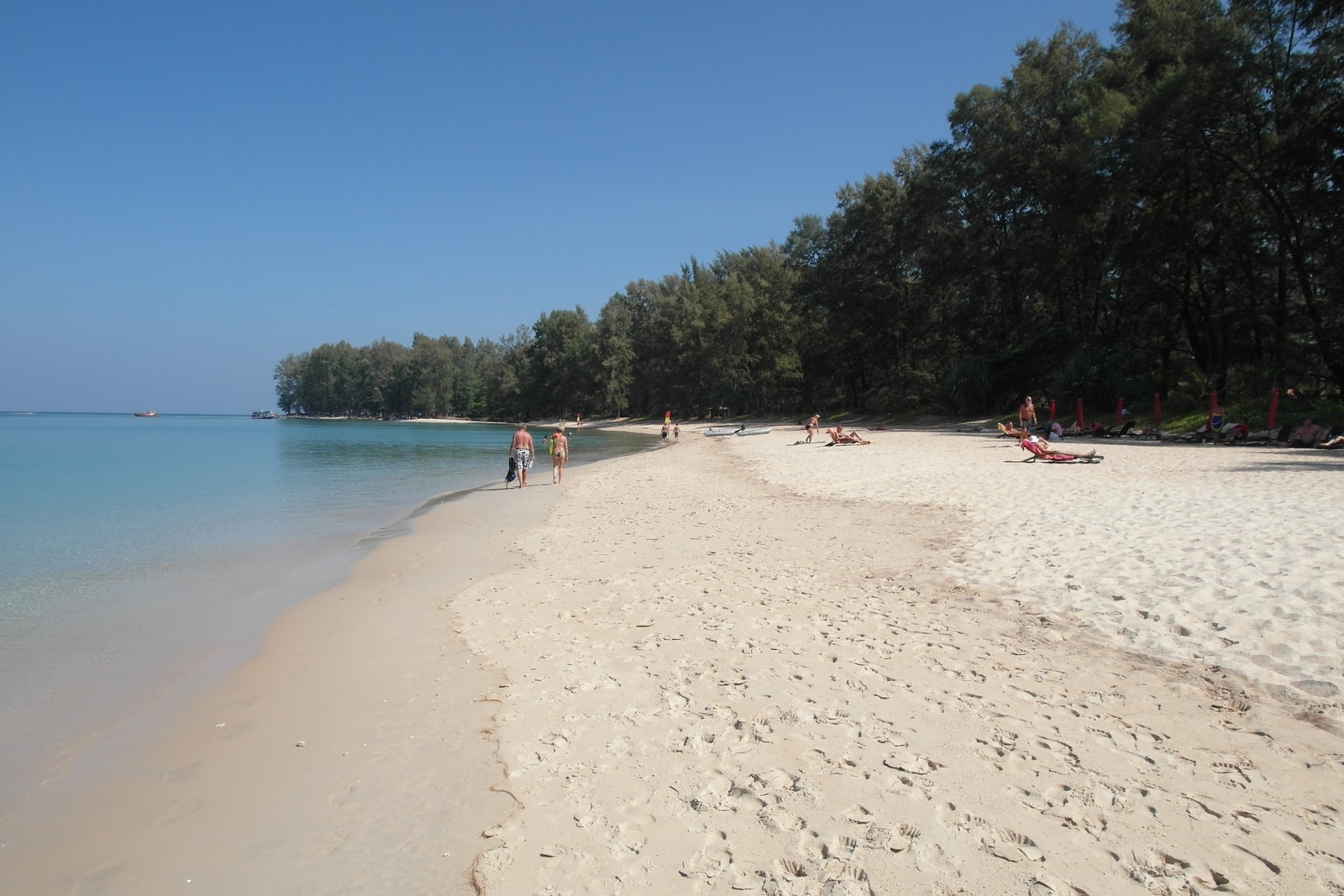 The broad, sandy shoreline of Nai Yang Beach meets turquoise water, with lush green trees lining the coast.