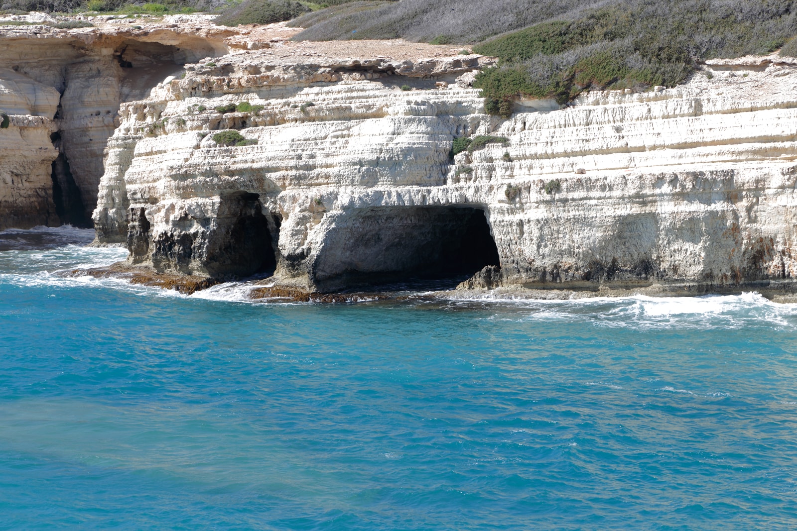 A close-up view of cave openings cut into layered limestone cliffs just above the blue-green water.