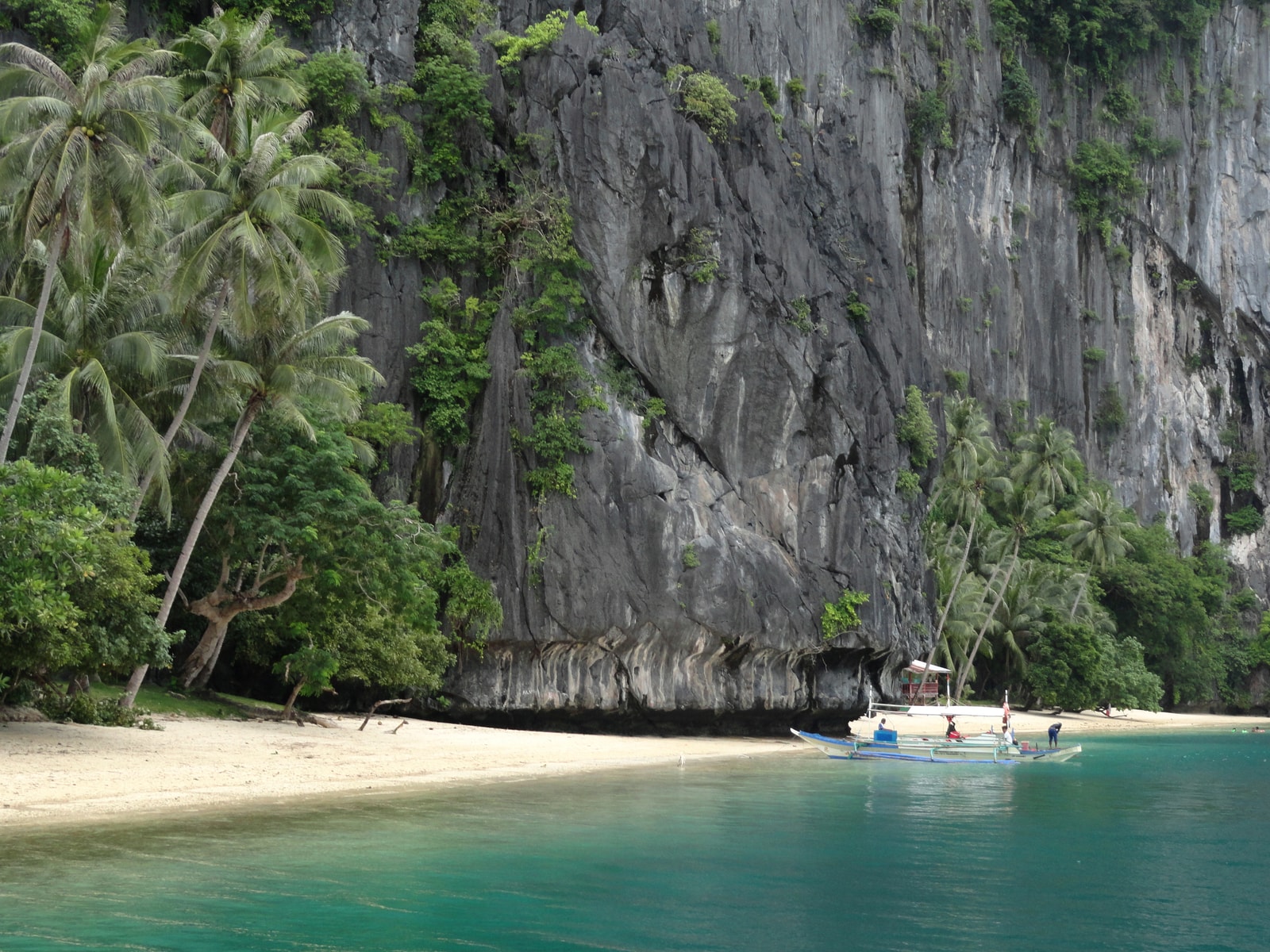 An outrigger boat is parked on a white sand beach lined with palm trees, in front of a sheer, towering limestone cliff.