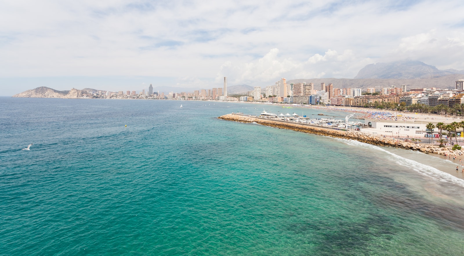 A high-angle view of Poniente Beach showing the long curve of sand and boats in the harbor.