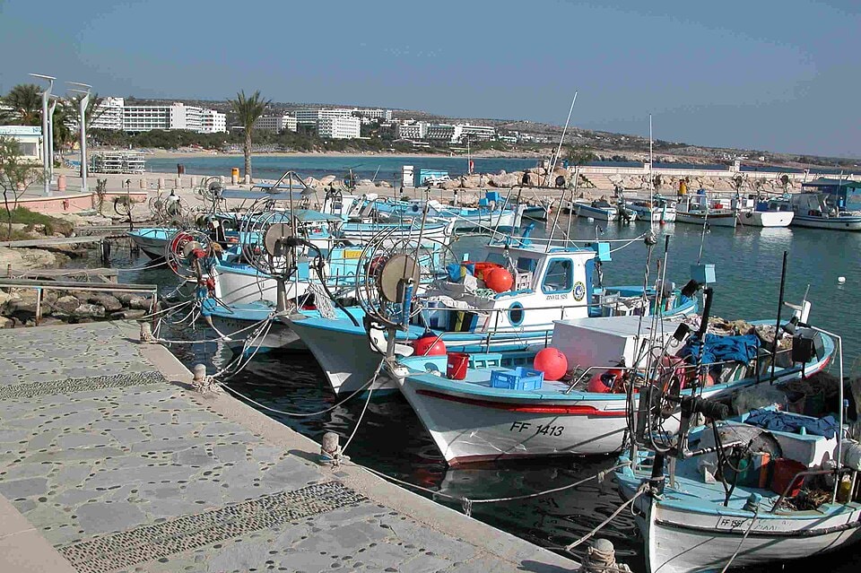 A view of Ayia Napa's harbor, filled with colorful fishing boats and tourist vessels moored in the calm water.