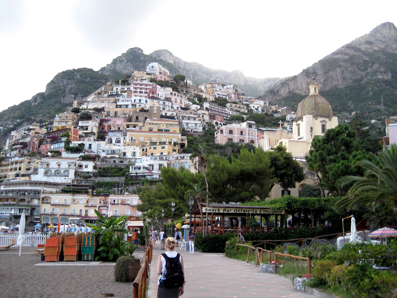 The iconic domed church rises above the beach in Positano.