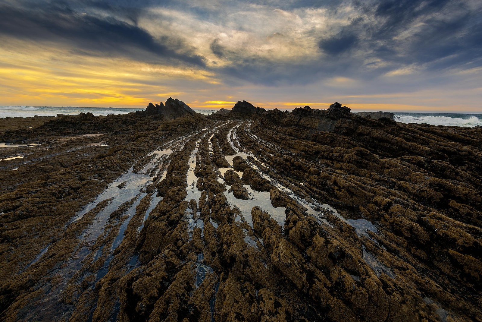 The setting sun casts a golden glow over a beach with dark rock formations and reflective tidal pools.