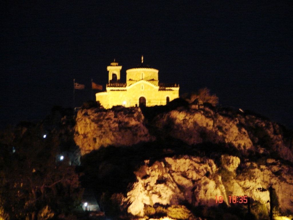 The Profitis Ilias church perched on a rocky hill overlooking the town of Protaras and the coastline.