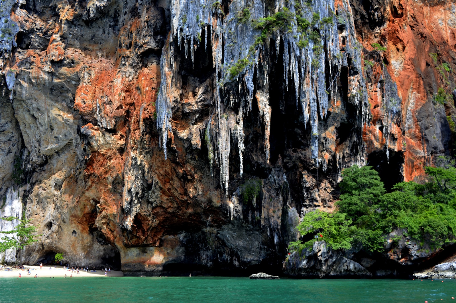 A close-up view shows the textured, weathered surface of a massive limestone cliff rising above turquoise water in Railay.