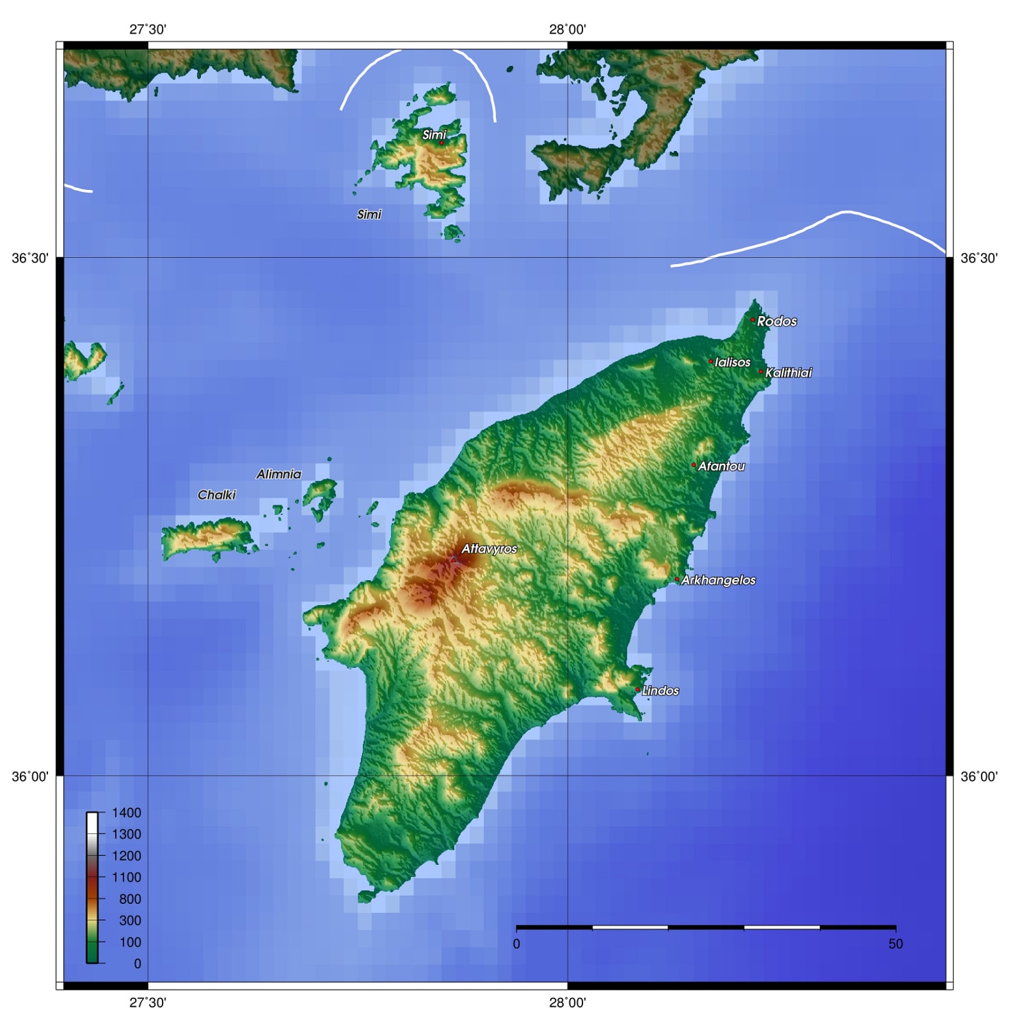 A topographic map of the island of Rhodes, showing a mountainous central ridge running north to south.