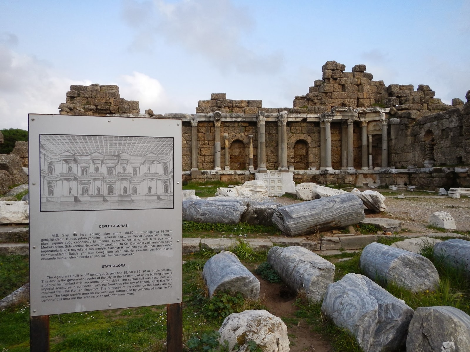 A view of an ancient colonnaded street in Side, showing the interplay of historical ruins and visitor paths.