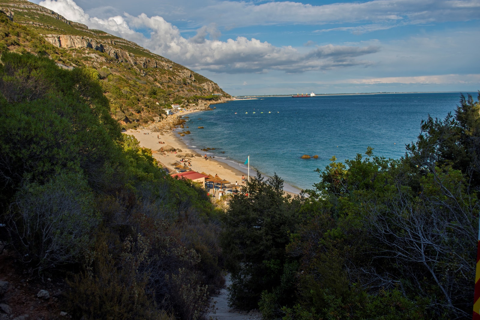 Looking down through the dense Mediterranean trees at the wild sands of Praia dos Galapinhos in Arrabida