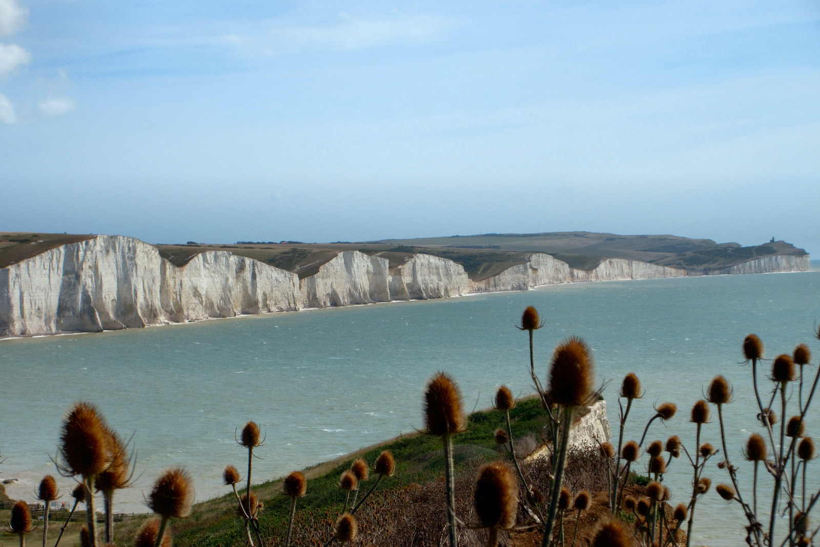 A panoramic view from Seaford Head shows the Seven Sisters cliffs curving along the turquoise English Channel.