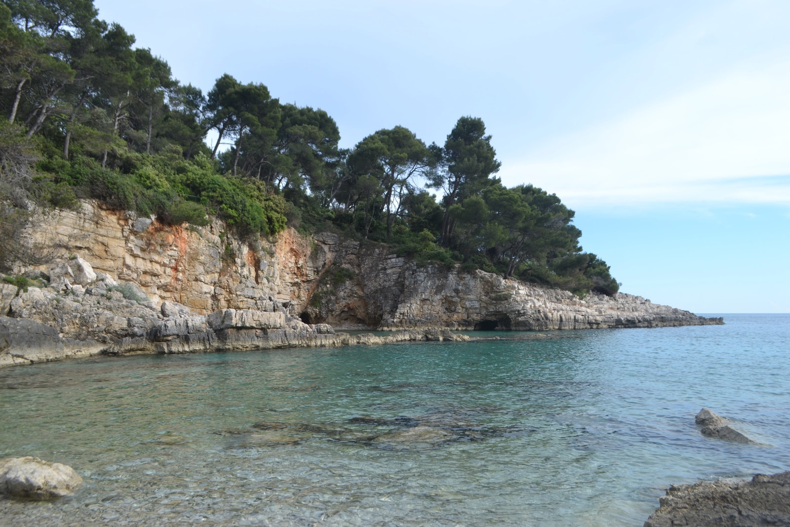 The rugged limestone cliffs and transparent turquoise waters of the Stoja Peninsula, with dense green pine forests covering the coastline.
