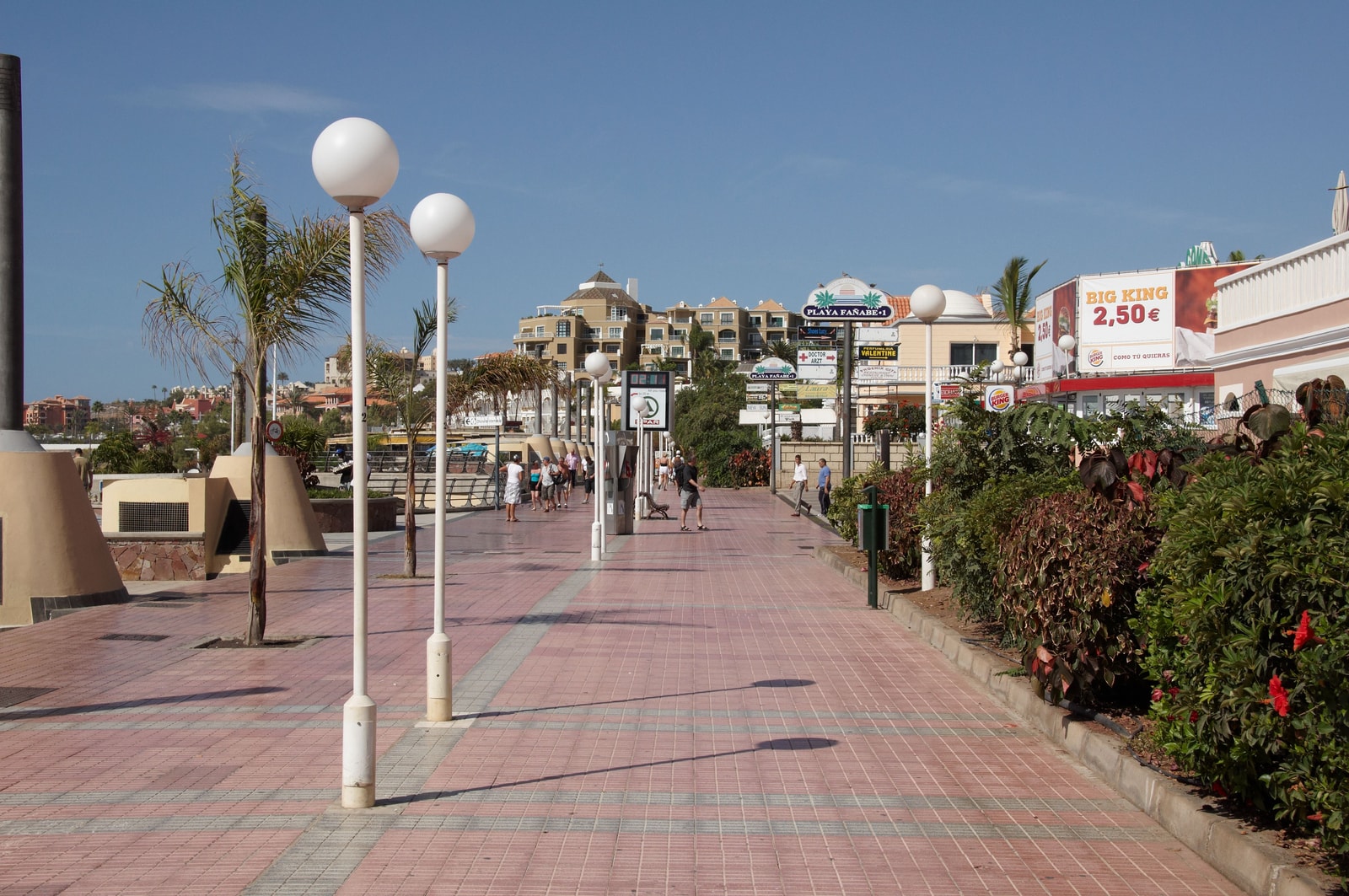The promenade at Playa de Fañabé, lined with palm trees, shops, and restaurants.