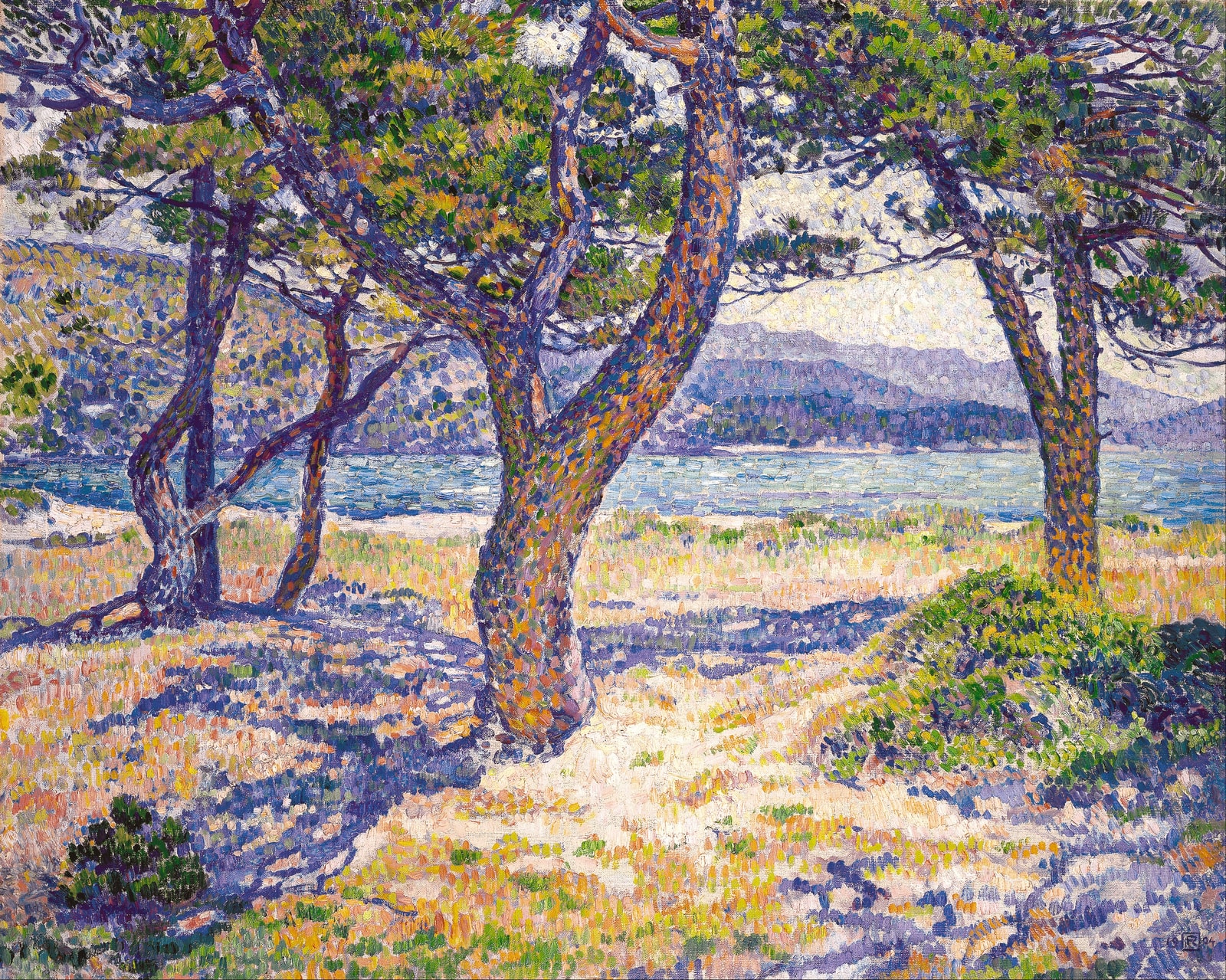 A pointillist painting by Théo van Rysselberghe showing the coastline at Le Lavandou.