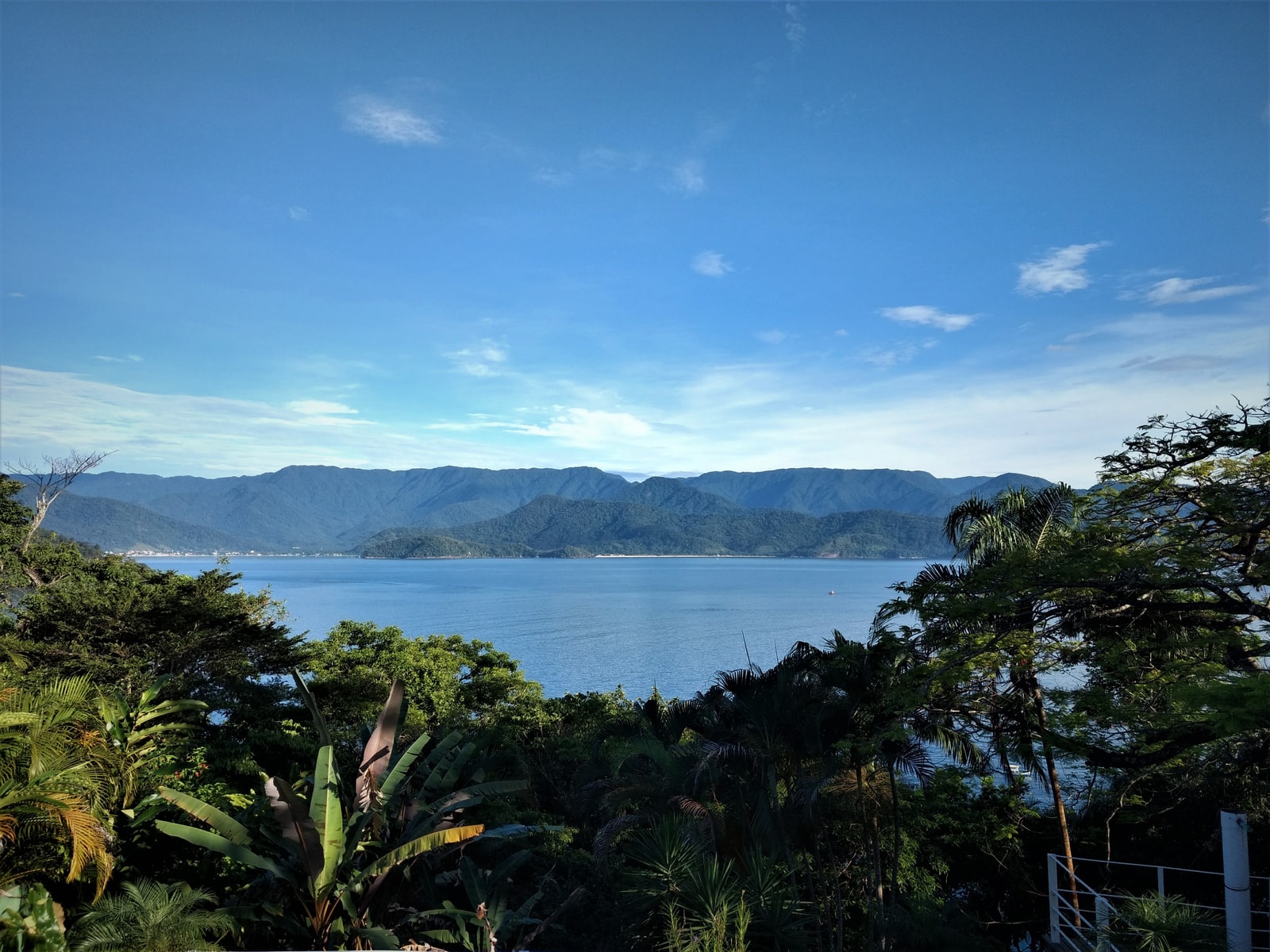 A breathtaking view of Ubatuba's coastline, showcasing layers of green mountains descending into the blue Atlantic Ocean under a clear sky.