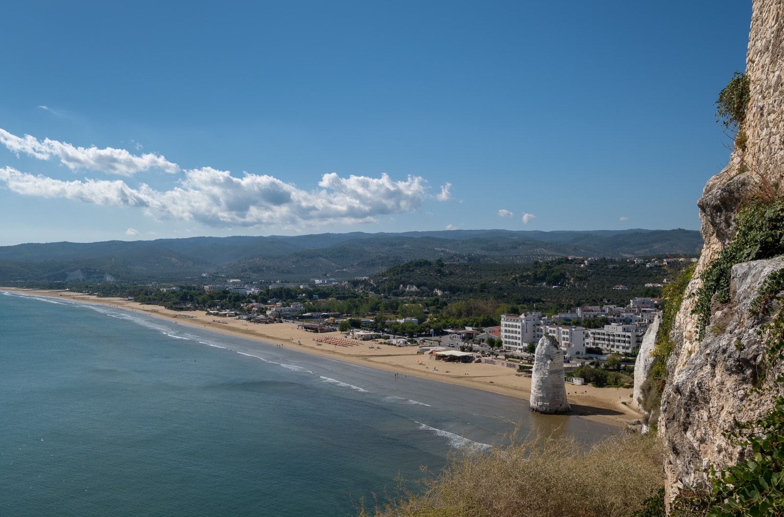 A panoramic view from above of Vieste's Castle Beach, a long stretch of golden sand featuring the colossal 25-meter white limestone monolith known as Pizzomunno.